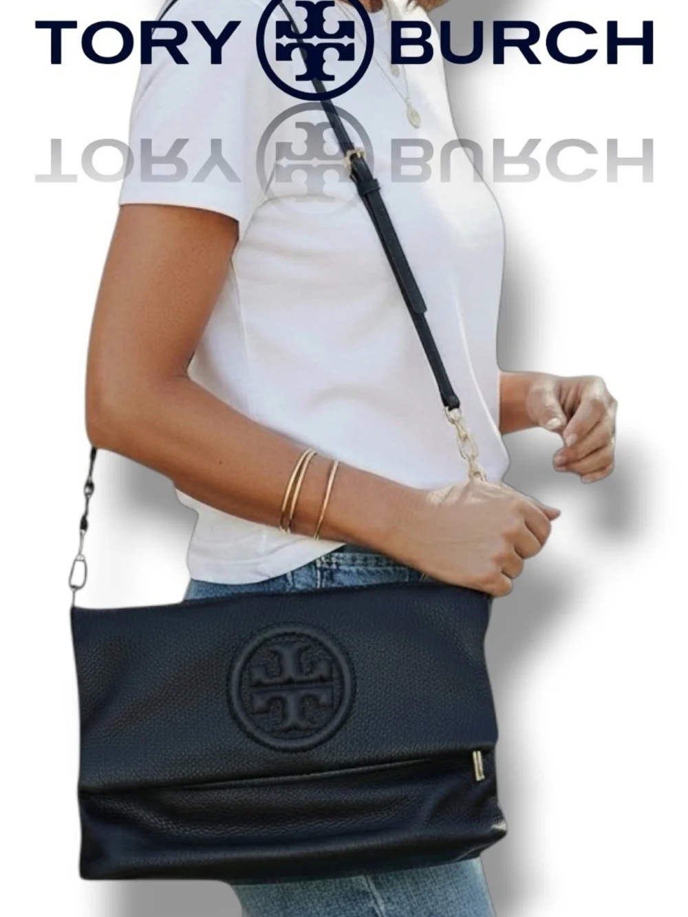 Tory Burch Black Pebbled Leather Amanda Foldover 2 Way Crossbody Messenger Bag